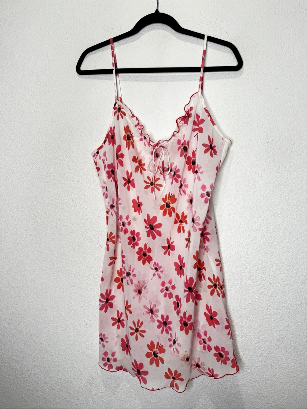 Natori Josie Sheer Floral Babydoll Slip Dress Lettuce Hem Bias Cut
